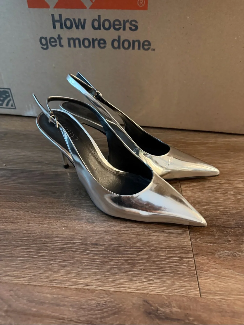 SCHUTZ - Metallic Silver Pointed-Toe Slingback Stiletto Heels